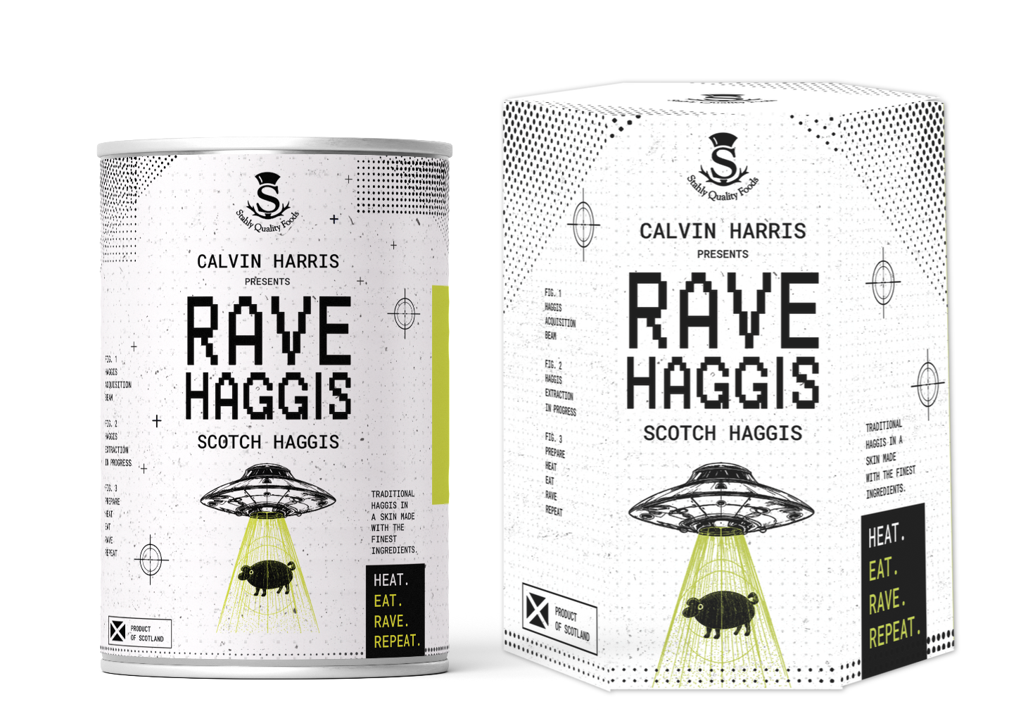 Calvin Harris sort son propre haggis — sur la boîte, une soucoupe volante enlève un mouton