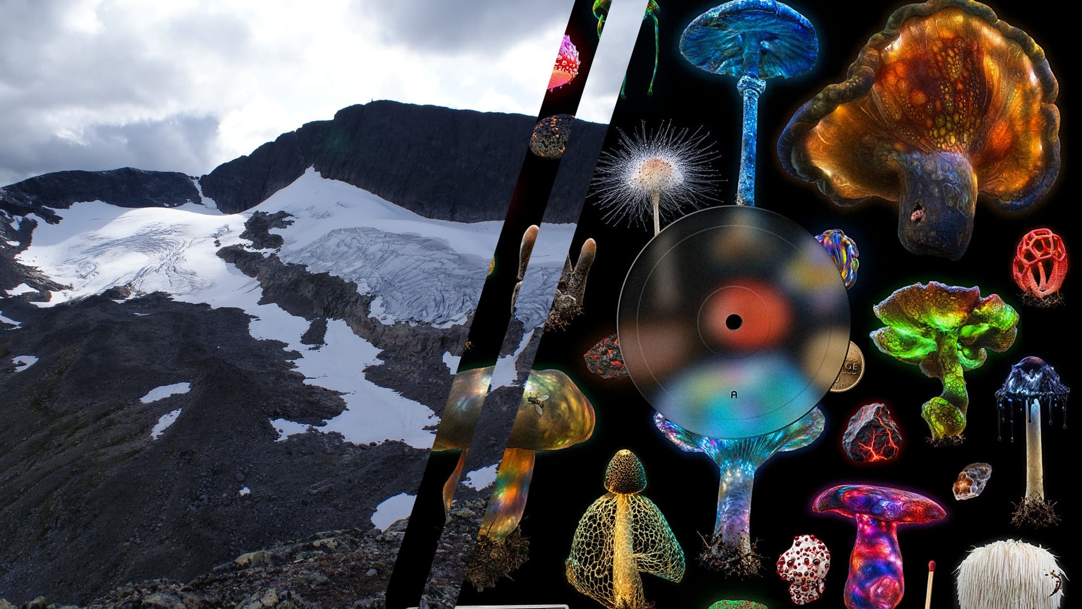 Collage: der Helags-Gletscher und das Cover des Albums Tell It To The Mountain