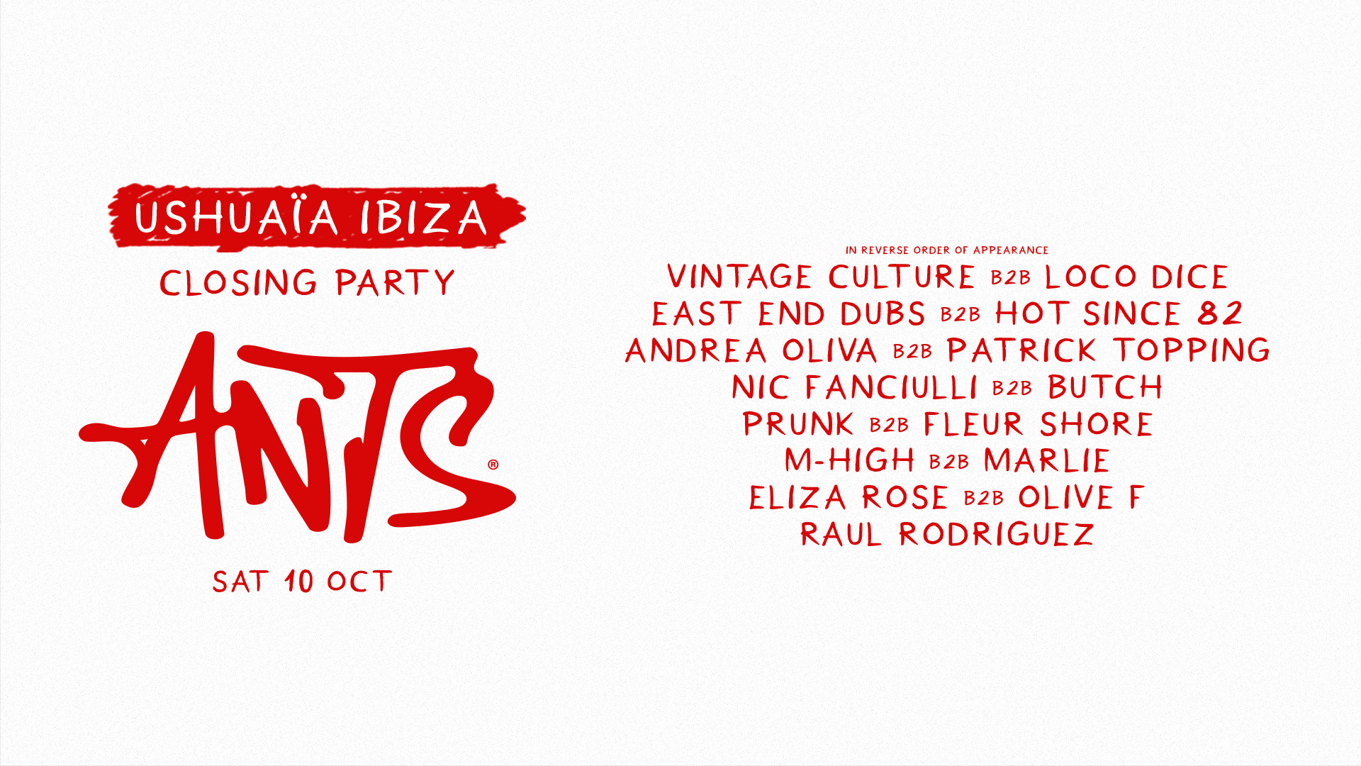 Plakat zamknięcia sezonu Ushuaïa Ibiza ze składem ANTS